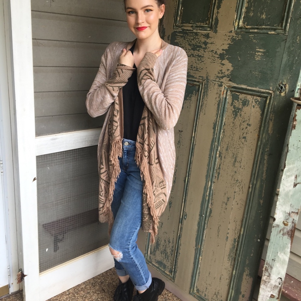 Beige Cardigan with Green Print and Fringe
